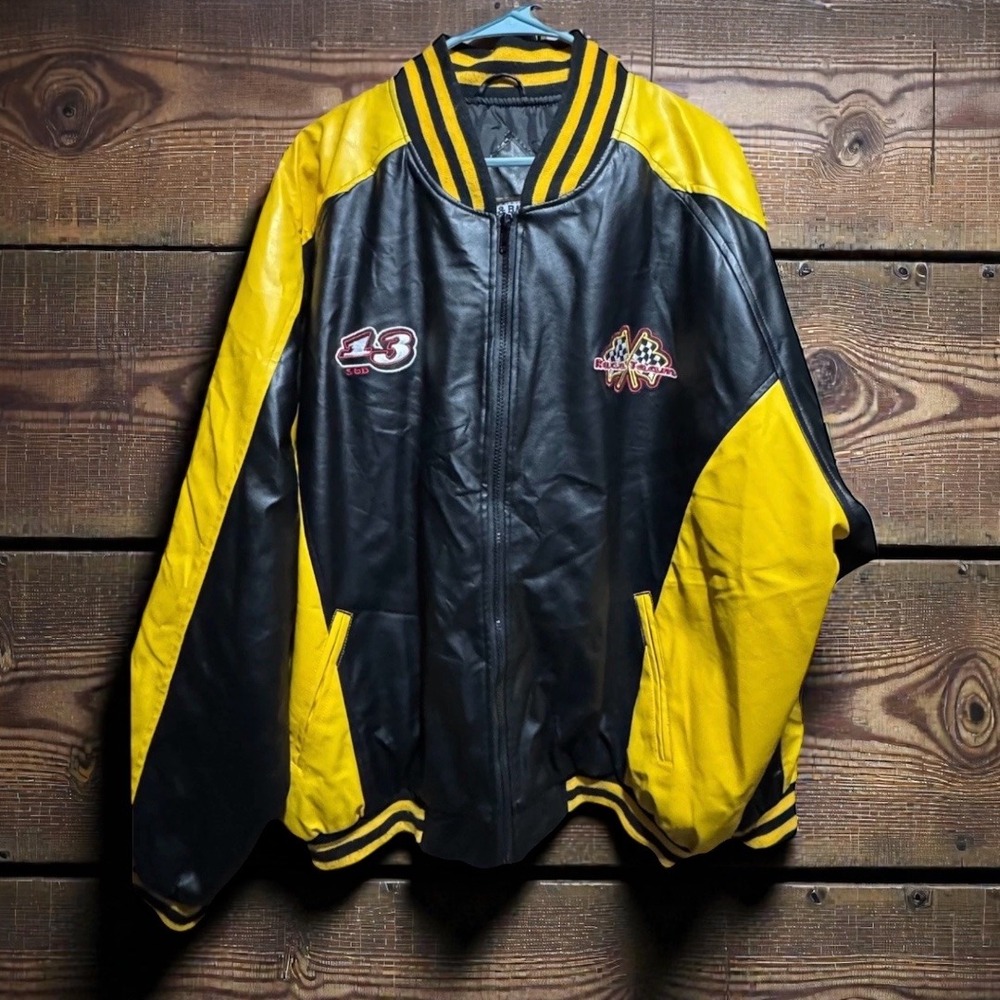 Vtg‎ Steve & Barry's Lucky 13 Race Team Varsity Jacket XXL Black Yellow Leather